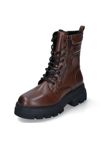 Bottes de combat en cuir marron avec lacets noirs, fermeture éclair sur le côté, col rembourré et semelle en caoutchouc noir texturé. Conception robuste pour la durabilité.