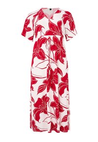 Maxikleid aus einem weißen Stoff mit großem roten Blumenmuster. Hat kurze Ärmel, einen V-Ausschnitt und eine Kordelzug-Taille für eine verstellbare Passform.