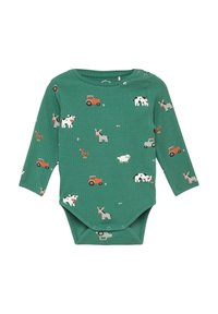 Groene geribbelde longsleeve bodysuit met afgedrukte boerderijdieren en tractors, voorzien van drukknoopjes aan de onderkant en een ronde halslijn.