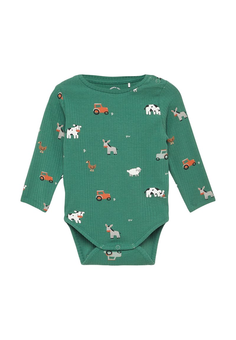 Groene geribbelde longsleeve bodysuit met afgedrukte boerderijdieren en tractors, voorzien van drukknoopjes aan de onderkant en een ronde halslijn.