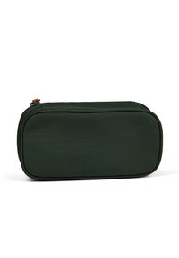 Rectangular green fabric pouch with a zipper closure, featuring a smooth texture and minimalistic design. No visible patterns or accents.