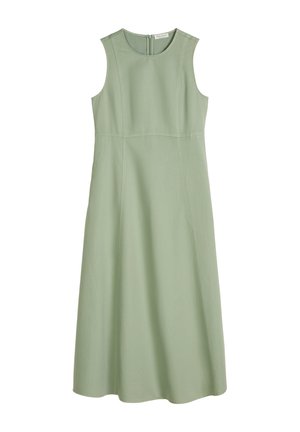 Ärmelloses Midi-Kleid in Salbeigrün mit rundem Ausschnitt, tailliertem Oberteil, Nahtdetails und Reißverschluss hinten.