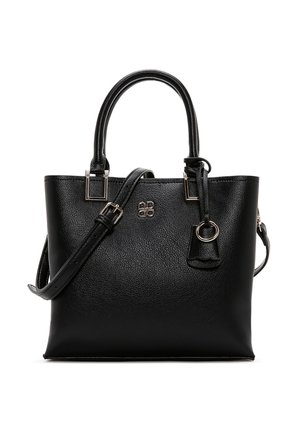 Sac cabas en cuir noir avec deux anses, bandoulière réglable et logo en métal argenté ainsi que détail en anneau sur le devant.