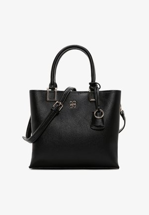 Schwarze Leder-Shoppertasche mit zwei Griffen, verstellbarem Schultergurt sowie silbernem Metall-Logo und Ringdetail auf der Vorderseite.