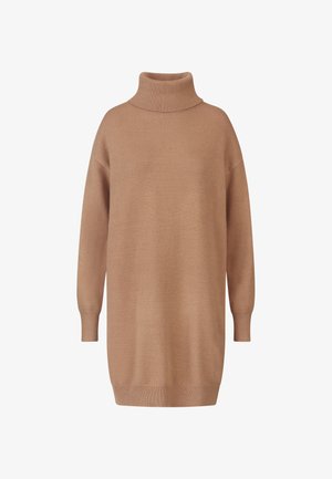 Beige coltrui met een losse pasvorm, geribbelde halslijn en manchetten, en een zachte textuur, met een langere silhouet voor extra bedekking.