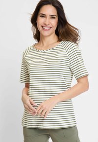 Gestreepte kortemouwen t-shirt in roomkleur met donkergroene horizontale strepen, met een ronde halslijn en een relaxte pasvorm. Zachte katoenkwaliteit.