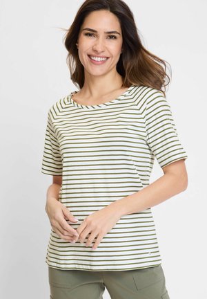 Gestreiftes T-Shirt mit kurzen Ärmeln in Cremetönen und dunkelgrünen Horizontalstreifen, mit Rundhalsausschnitt und lockerer Passform. Aus weichem Baumwollmaterial.