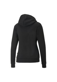Zwarte hoodie met lange mouwen en een getailleerde taille, van achteren weergegeven op een witte achtergrond.