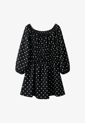 Fekete pöttyös blúz, laza szabással, redőzött nyakkivágással és puffos ujjal. Fehér pöttyökkel és textúrázott anyaggal rendelkezik.
