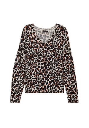 Leopardenmuster Strickpullover mit tiefem V-Ausschnitt, langen Ärmeln, strukturiertem Material und einer Farbpalette aus Schwarz, Braun und Creme.