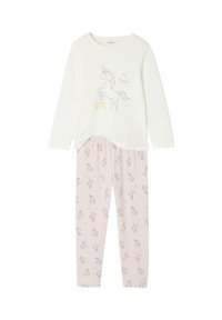 White long-sleeve top with a unicorn and "it's Magic!" text, paired with light pink pants featuring unicorn and rainbow patterns.