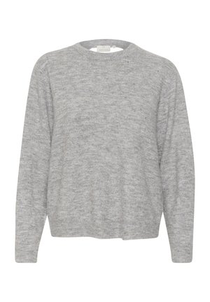 Maglione grigio chiaro a maglia con collo rotondo, maniche lunghe e vestibilità rilassata. La texture appare morbida con un sottile motivo melange.