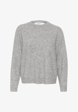 Svijetlosivi pleteni pulover s okruglim izrezom, dugim rukavima i opuštenim krojem. Tekstura izgleda meko s suptilnim meliranim uzorkom.