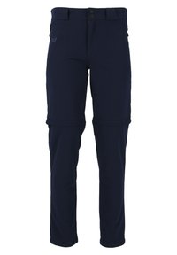 Marinblå, slitstarka, stretchiga utomhusbyxor med en ficka med dragkedja och justerbar midja; har avtagbara underben för mångsidighet.