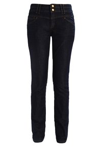 Jeans de mezclilla azul oscuro con un corte slim, que cuentan con dos botones dorados, cinco bolsillos y detalles de costura sutiles en las costuras.