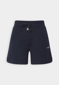 Pantalones cortos de algodón azul marino con cintura elástica y cordón, costura horizontal en el dobladillo y un pequeño logo blanco en el lateral.