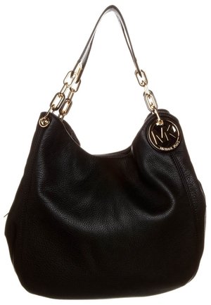 Sort lædertaske i hobo-stil med en struktureret overflade, udstyret med en guldfarvet kædesele og en rund logo-accent for nem bæring.