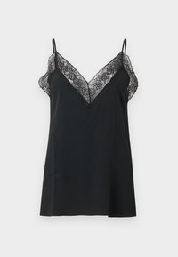 Robe nuisette noire sans manches avec une délicate bordure en dentelle le long d'un décolleté plongeant en V et de fines bretelles sur un fond uni.