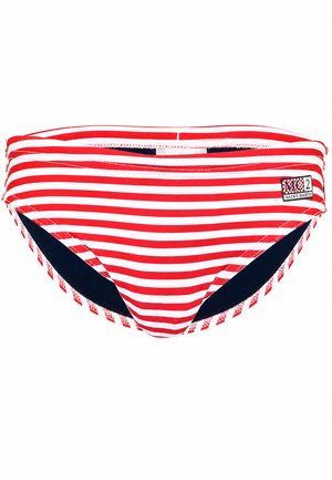 Braguitas de bikini a rayas rojas y blancas con un pequeño parche con el logo "MC2 Saint Barth" en el lado derecho.