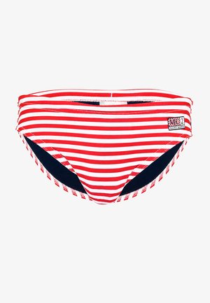 Bas de bikini rayé rouge et blanc avec un petit patch logo "MC2 Saint Barth" sur le côté droit.