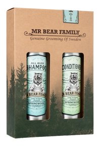 Il set include uno shampoo blu e un balsamo verde in eleganti contenitori cilindrici. Imballato in una scatola di colore naturale con un design di foresta.