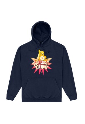 Navy blue hoodie with a front kangaroo pocket, featuring a graphic of a yellow bear and the text "TOO LEGIT TO QUIT" in bold colors.