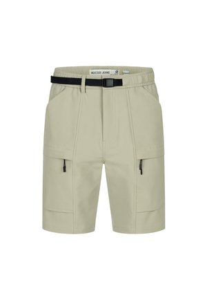 Beige knee-length cargo shorts with multiple pockets, black adjustable belt, and zipper details on side pockets.