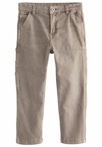 Pantalons cargo en coton beige au cut droit, avec poches avant et latérales, passants de ceinture et fermeture à bouton. Tissu durable et texturé.