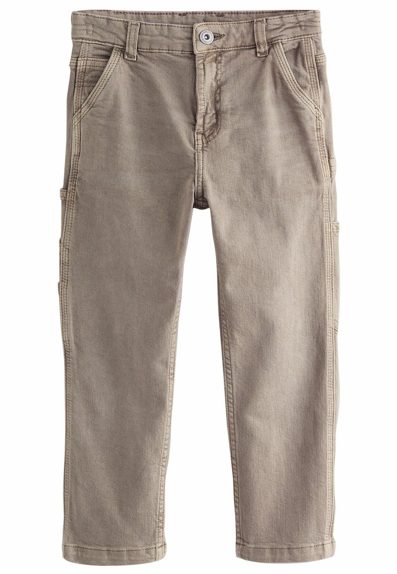 Pantalons cargo en coton beige au cut droit, avec poches avant et latérales, passants de ceinture et fermeture à bouton. Tissu durable et texturé.