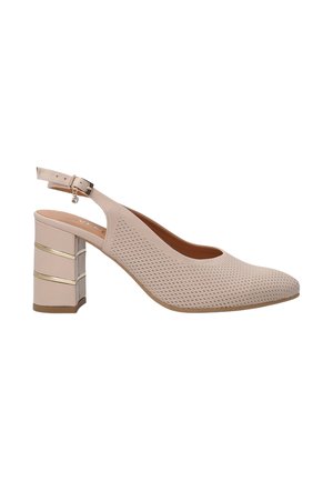 Beżowy, perforowany but typu slingback z okrągłym noskiem i masywnym, paskowanym obcasem z metalicznymi akcentami. Regulowany za pomocą klamry.