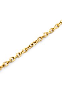 Cadena de metal en tono dorado que presenta eslabones ovalados con un acabado suave y brillante. Los eslabones varían en tamaño, creando un efecto visual texturizado.