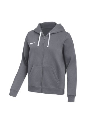 Sweat à capuche zippé gris foncé avec cordons blancs et logo Nike sur la poitrine, doté de poches avant et de poignets côtelés.