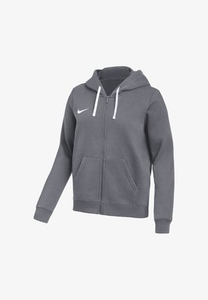 Ciemnoszara bluza z kapturem na zamek z białymi sznurkami i logo Nike na piersi, z przednimi kieszeniami i ściągaczami na rękawach.