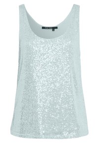 Débardeur à sequins bleu clair, avec un décolleté arrondi et sans manches. Texture scintillante avec un panneau arrière lisse.