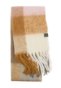 Szalik z mieszanki wełny z wzorem w kratę w kolorach beżowym, brązowym, kremowym i różowym, z frędzlami na brzegach. Gładka tekstura i miękkie wykończenie.