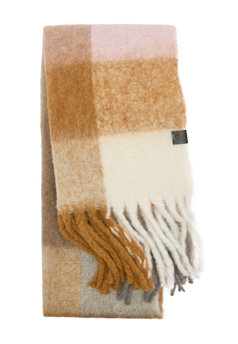 Szalik z mieszanki wełny z wzorem w kratę w kolorach beżowym, brązowym, kremowym i różowym, z frędzlami na brzegach. Gładka tekstura i miękkie wykończenie.