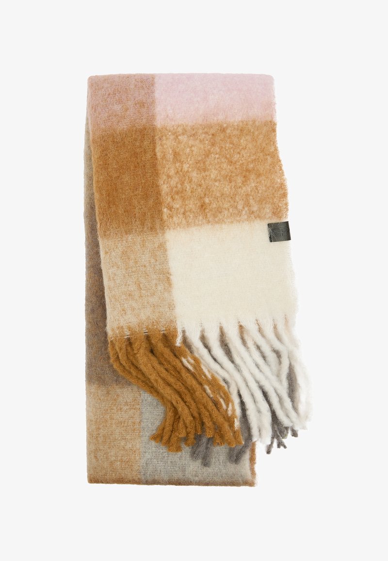 Szalik z mieszanki wełny z wzorem w kratę w kolorach beżowym, brązowym, kremowym i różowym, z frędzlami na brzegach. Gładka tekstura i miękkie wykończenie.