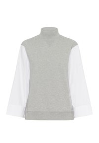 Sweat-shirt gris à col montant, corps gris et manches longues blanches. Présente une texture douce et un design à coupe décontractée avec un détail de couture subtil.