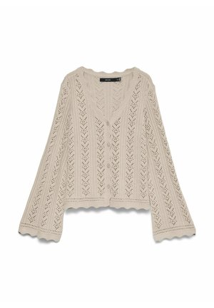 Cardigan beige en tricot avec boutons sur le devant, col en V, ourlet et poignets festonnés, présentant un délicat motif ajouré sur toute la surface.