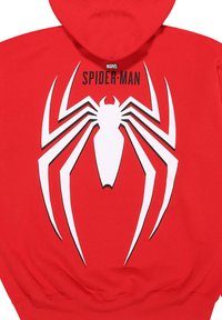 Red hoodie featuring a large white Spider-Man spider logo on the back, with black outlines. Material appears soft and textured.