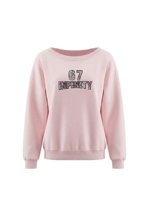 Lyserød sweatshirt med lange ærmer med ribstrikkede manchetter og kant, med sort og hvid tekst "67 INFINITY" på forsiden.