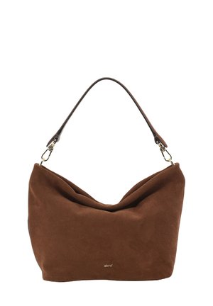 Soft brown suede hobo bag with a single dark leather shoulder strap and gold-tone clasps on a white background.