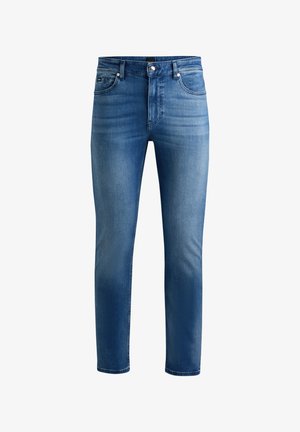 Jeans en denim bleu avec une coupe ajustée, dotés d'une taille mi-haute, de cinq poches et d'une fermeture à bouton. Texture lisse avec un design délavé.