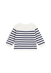 Maglione a righe con base bianca e righe orizzontali blu navy, scollatura rotonda e maniche lunghe; polsini e orlo a costine.
