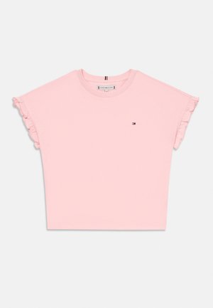 Lyserød crop top med korte ærmer, små flæser på ærmerne og lille Tommy Hilfiger flaglogo på brystet.