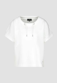 Valkoinen, lyhythihainen, cropped t-paita hupulla. Susmooth-textuuri, jossa on säädettävät narut ja huomaamaton logoyksityiskohta helmassa.