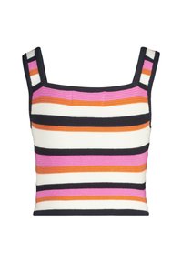 Gestreifter Strick-Crop-Top mit eckigem Ausschnitt, breiten Trägern und einem Muster aus lila, rosa, orange und weißen horizontalen Streifen.