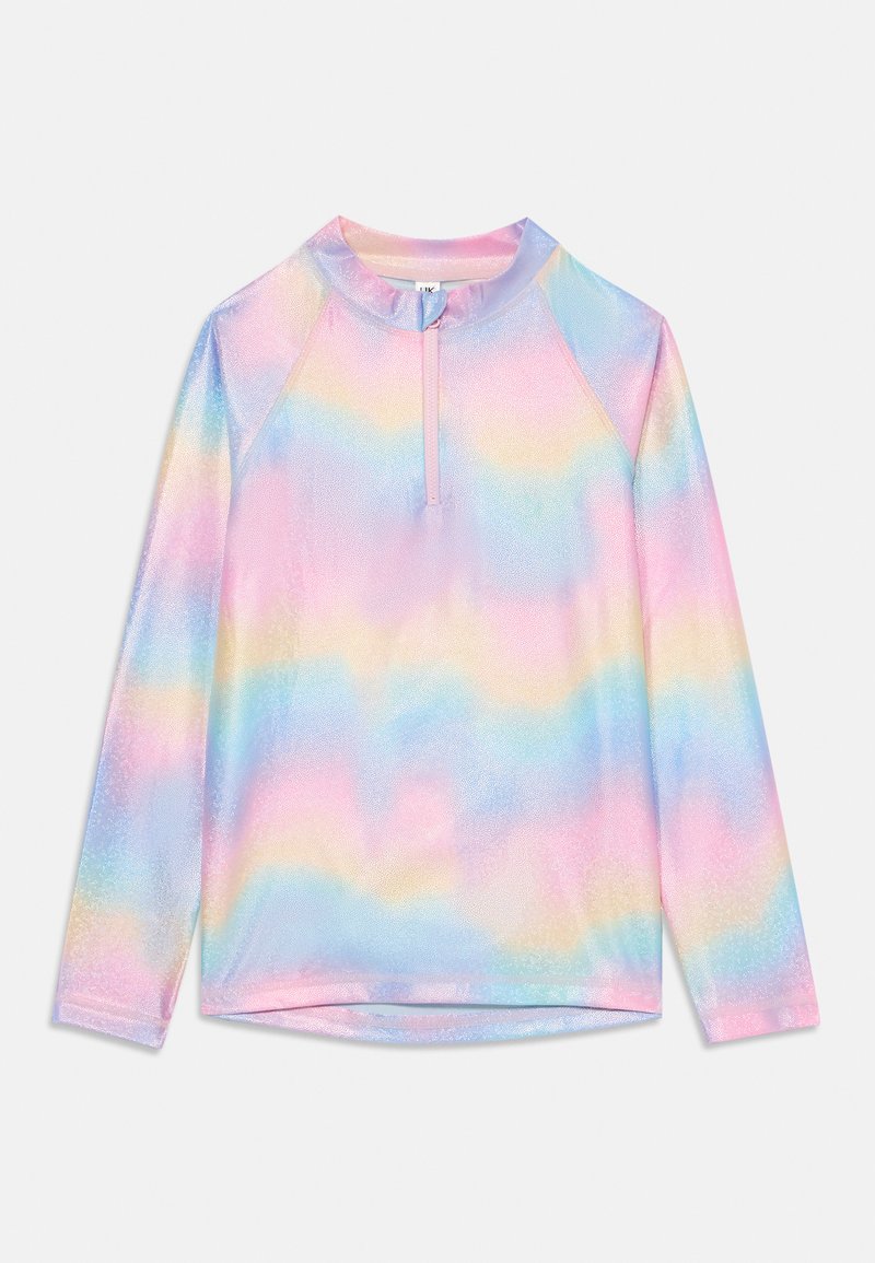 Långärmad topp i iridiserande tyg, med en gradient av pastellfärger, hög halsringning och en sidogenvdragare. Slät textur.