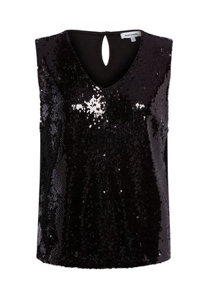 Black sleeveless top featuring a v-neckline and a keyhole back, covered with shiny black sequins on the front and a smooth black back.