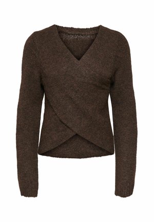 Brūns adīts wraps džemperis ar V veida kaklu un garām piedurknēm. Teksturēts audums ar mīkstu apdari un stilīgu pārklāšanās dizainu priekšpusē.